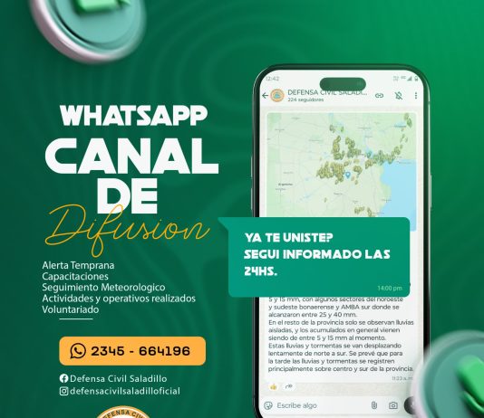 Defensa Civil Saladillo lanzó un canal de difusión por WhatsApp para informar a la comunidad