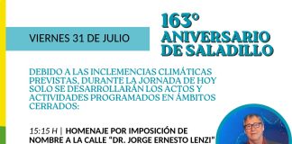 Saladillo reprograma parte de los actos por el 163° aniversario debido al pronóstico de mal tiempo